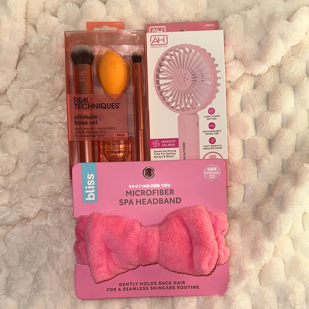 Real Techniques ultimate base|Bliss microfiber, spa headband| make up drying fan